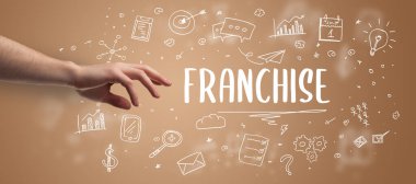 FRANCHISE yazıtına işaret eden kırpılmış elin yakın çekimi, modern iş çözümü kavramı
