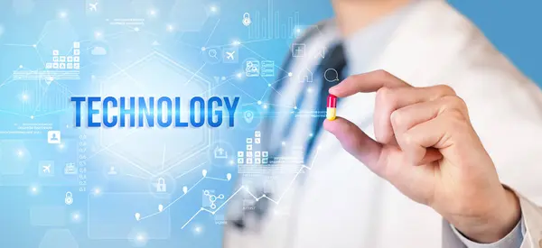 Doctor Giving Pill Technology Inscription New Technology Solution Concept — Stock Photo, Image