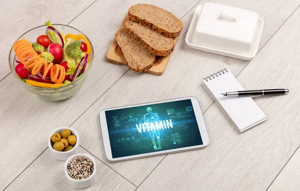 Vitamin Concept Tablet Met Fruit Top View Concept — Stockfoto