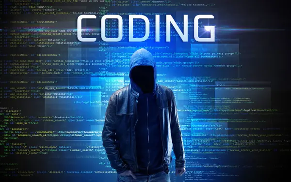 Faceless Hacker Coding Inscription Binary Code Background — Stock Photo, Image