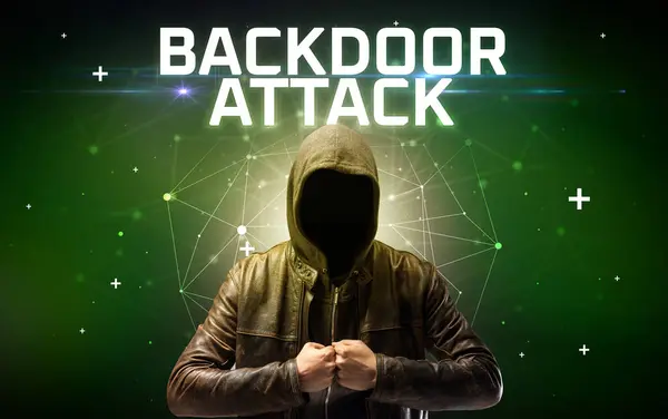 Misterioso Hacker Con Inscripción Ataque Backdoor Inscripción Concepto Ataque Línea — Foto de Stock