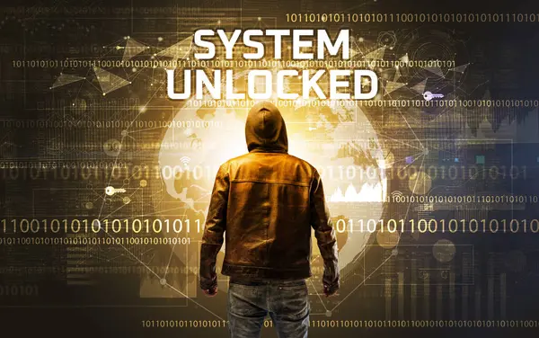Hacker Sans Visage Travail Avec Inscription System Unlocked Concept Sécurité — Photo
