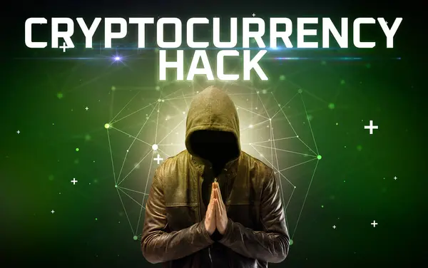 Mysterious Hacker Cryptocurrency Hack Inscription Online Attack Concept Inscription Online — Stock Photo, Image