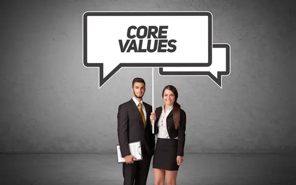 Young Business Person Casual Holding Road Sign Core Values Inscription — Stock Photo, Image