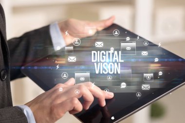 DIGITAL VISON yazıtları, modern teknoloji konsepti arama tabletinin yakın plan görüntüsü