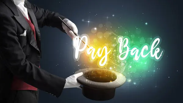 Main Magicien Conjure Avec Baguette Inscription Pay Back Concept Shopping — Photo
