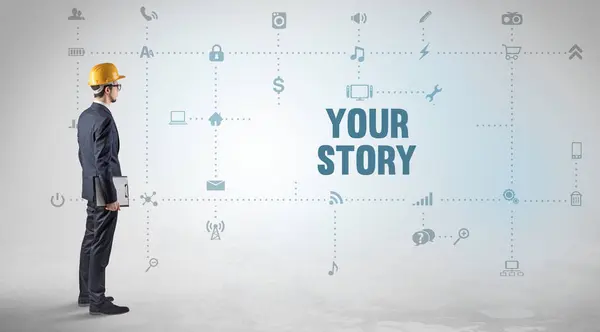 Engineer working on a new social media platform with YOUR STORY inscription concept
