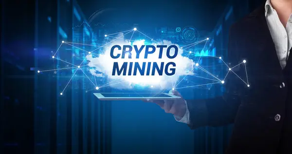Young Business Person Working Tablet Shows Inscription Crypto Mining — Stock Photo, Image