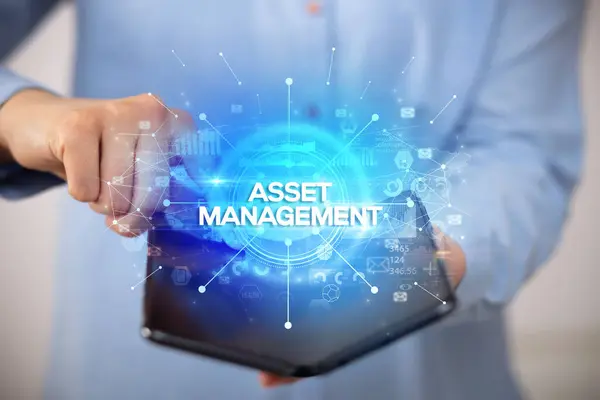Businessman Holding Foldable Smartphone Asset Management Inscription New Business Concept — Stock Photo, Image