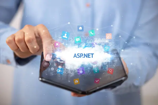 Businessman Holding Foldable Smartphone Asp Net Inscription Technology Concept — Stock Photo, Image