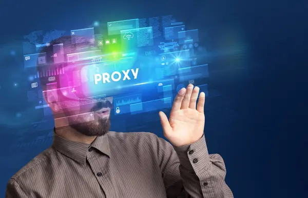 Businessman Looking Virtual Reality Glasses Proxy Inscription Innovative Security Concept — Stock Photo, Image