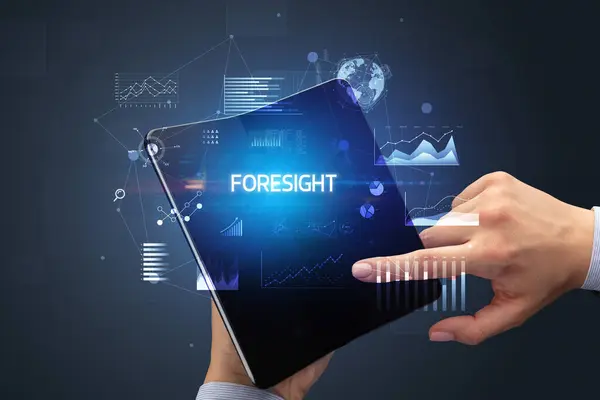 Businessman Holding Foldable Smartphone Foresight Inscription Successful Business Concept — Stock Photo, Image