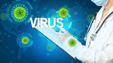 Doktor, VIRUS yazıtları ve viroloji konseptiyle tıbbi kayıtları dolduruyor.