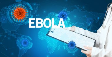 Doktor EBOLA yazıtları ve viroloji konseptiyle tıbbi kayıtları dolduruyor.
