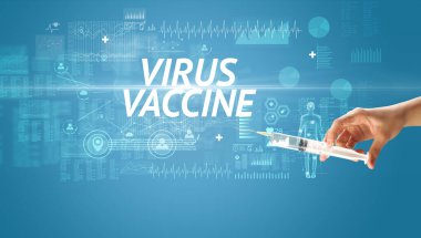 Virüs aşısı ile şırınga iğnesi ve VIRUS VACCINE yazıtları, panzehir konsepti