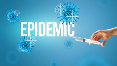 Doktorun elinin EPIDEMIC yazıtları ve koronavirüs panzehiri içeren beyaz bir eldiven içinde yakın plan görüntüsü.