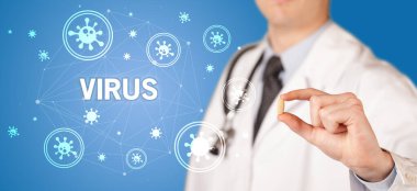 Doktor VIRUS yazıtlı ilaç veriyor, koronavirüs konsepti
