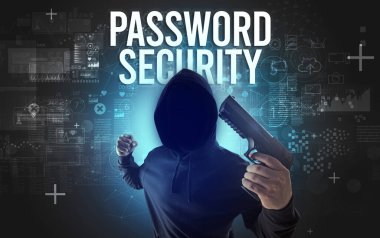 PASSWORD GÜVENLİĞİ İfade, çevrimiçi güvenlik kavramı olan yüzsüz adam.