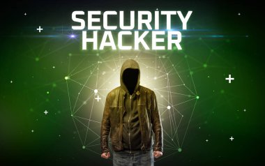 SECURITY HACKER yazıtlı gizemli hacker, çevrimiçi saldırı konsepti yazıt, çevrimiçi güvenlik konsepti