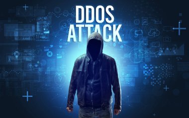 DDOS saldırı yazıtlı yüzü olmayan adam, çevrimiçi güvenlik kavramı