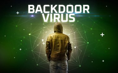 BACKDOOR VIRUS yazıtlı gizemli hacker, çevrimiçi saldırı kavramı yazıt, çevrimiçi güvenlik kavramı