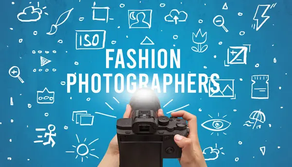 Hand Taking Picture Digital Camera Fashion Photographers Inscription Camera Settings — Stock Photo, Image