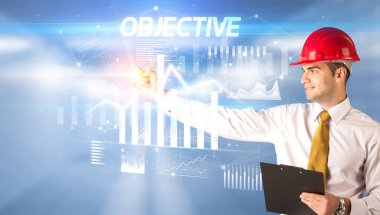 Kask çizen yakışıklı iş adamı. Objektif çizim, mimari iş planı konsepti.