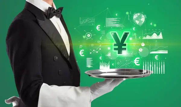 Jonge Ober Serveert Yen Pictogrammen Dienblad Geld Wisselen Concept — Stockfoto