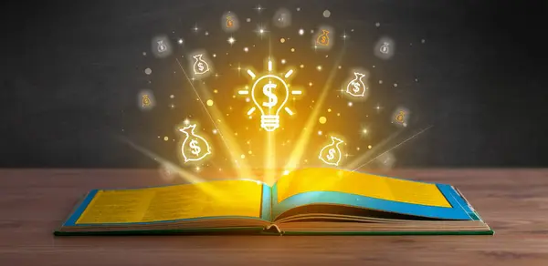 Open book with bulb with a dollar sign icons above, currency exchange concept