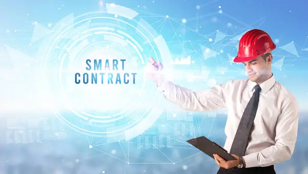 Hombre Negocios Guapo Con Dibujo Casco Smart Contract Inscripción Concepto —  Fotos de Stock