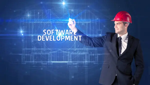Kask Çizen Yakışıklı Mimar Software Development Yazıtları Yeni Teknoloji Kavramı Stok Resim