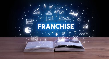 Bayilik yazısı açık bir kitaptan geliyor, iş konsepti.