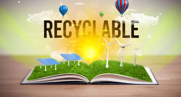 Open Boek Met Recyclable Inscriptie Concept Hernieuwbare Energie — Stockfoto