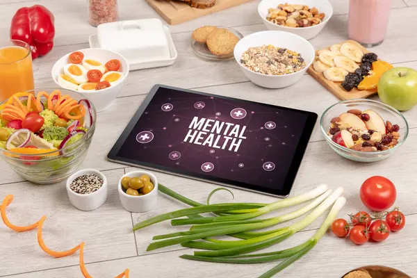 Gezondheid Concept Tablet Met Gezond Voedsel Rond Bovenaanzicht — Stockfoto