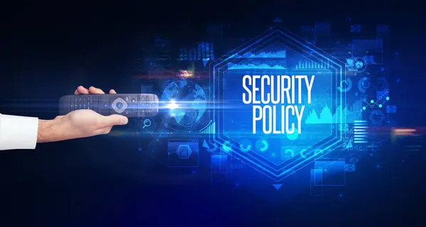 Рука Тримає Бездротовий Периферійний Пристрій Написом Security Policy Концепція Кібербезпеки — стокове фото
