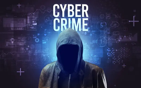 Hombre Sin Rostro Con Inscripción Cyber Crime Concepto Seguridad Línea — Foto de Stock