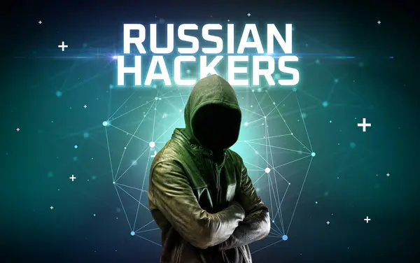 Mysterious Hacker Russian Hackers Inscription Online Attack Concept Inscription Online — Stock Photo, Image