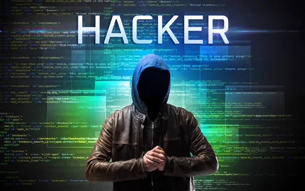 İkili kod arka planında HACKER yazısına sahip yüzsüz hacker