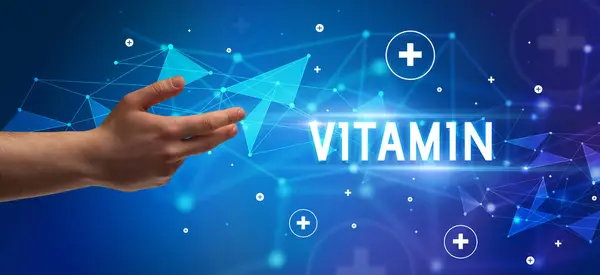 Primer Plano Mano Recortada Apuntando Inscripción Vitamin Concepto Médico — Foto de Stock