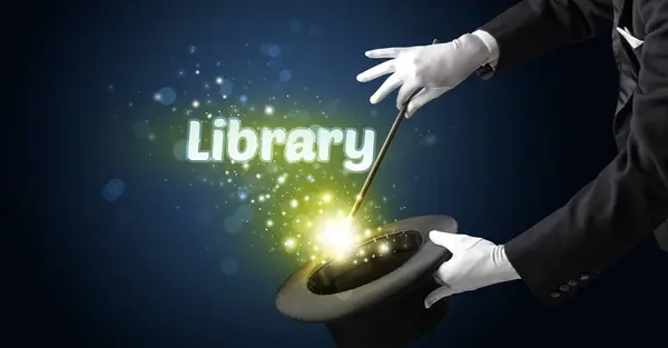 Magician Showing Magic Trick Library Inscription Educational Concept — Stock Photo, Image