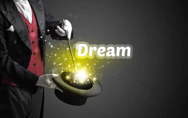 Magician Showing Magic Trick Dream Inscription Educational Concept — Stock Photo, Image
