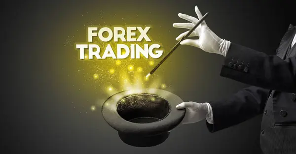 Llüzyonist Forex Trading Yazıtları Yeni Modeli Konseptiyle Sihirbazlık Numarası Gösteriyor Stok Resim