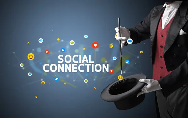 Фокусник Показывает Фокус Надписью Social Connection Концепцией Маркетинга Социальных Сетей Стоковая Картинка