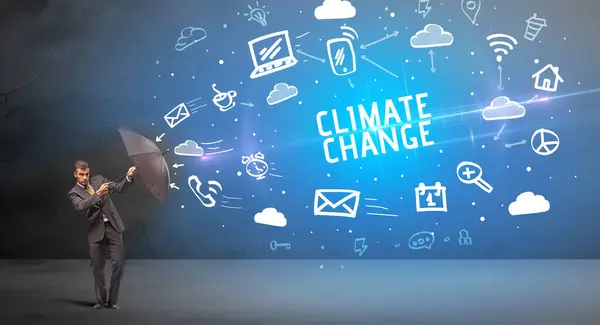 Бизнесмен Защищает Зонтиком Надписи Climate Change Современная Технологическая Концепция Стоковое Изображение