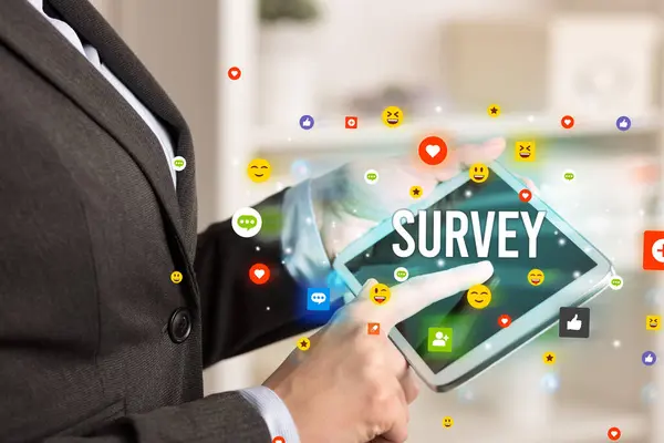 Close Business Person Playing Multimedia Social Media Icons Survey Inscription Royalty Free Stock Photos