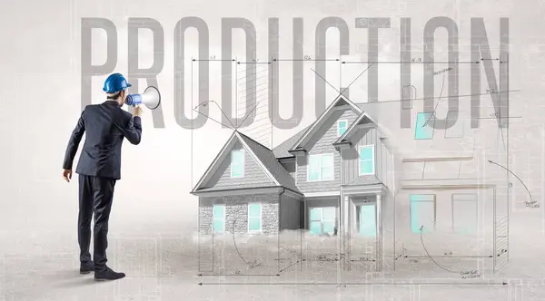 Young Engineer Holding Blueprint Production Inscription House Planning Concept — Stock Photo, Image
