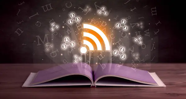 Buch Öffnen Mit Wifi Symbolen Oben Konzept Für Soziale Netzwerke — Stockfoto