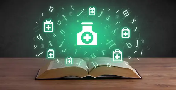 Open Medisch Boek Met Medicatie Pictogrammen Hierboven Global Health Concept — Stockfoto