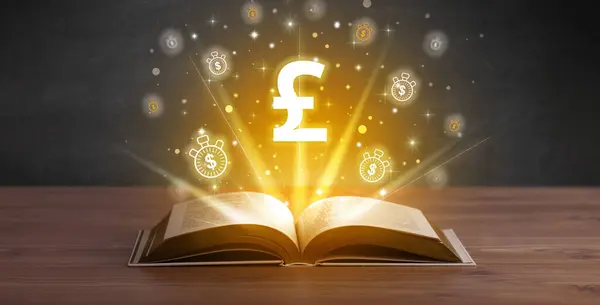 Open book with pound icons above, currency exchange concept