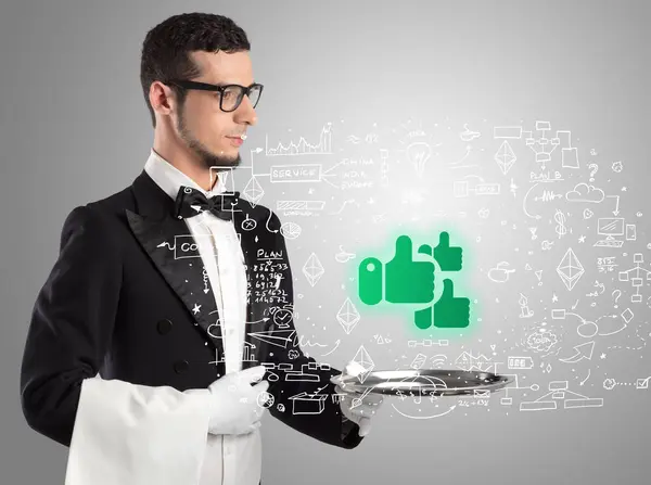 Close Waiter Serving Likes Icons Social Media Concept Royalty Free Stock Images